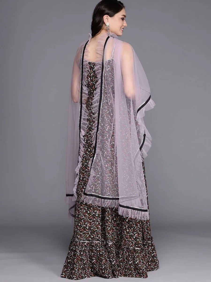 Black Floral Printed Anarkali Kurta with Net Ruffled Dupatta