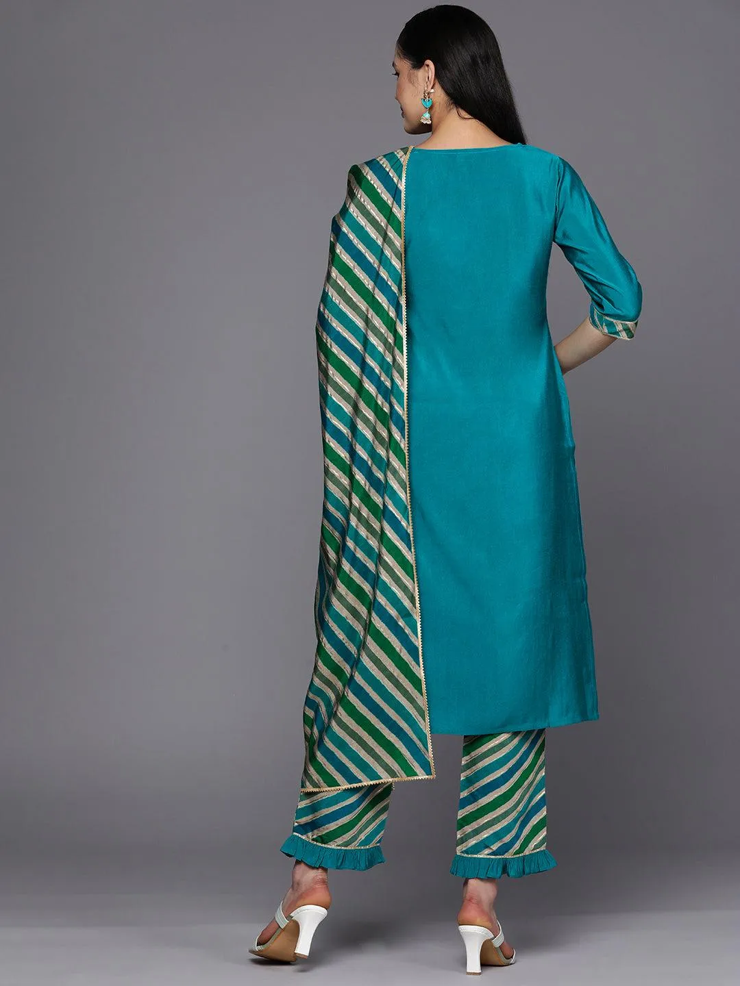 Blue Yoke Design Silk Blend Straight Kurta With Trousers & Dupatta