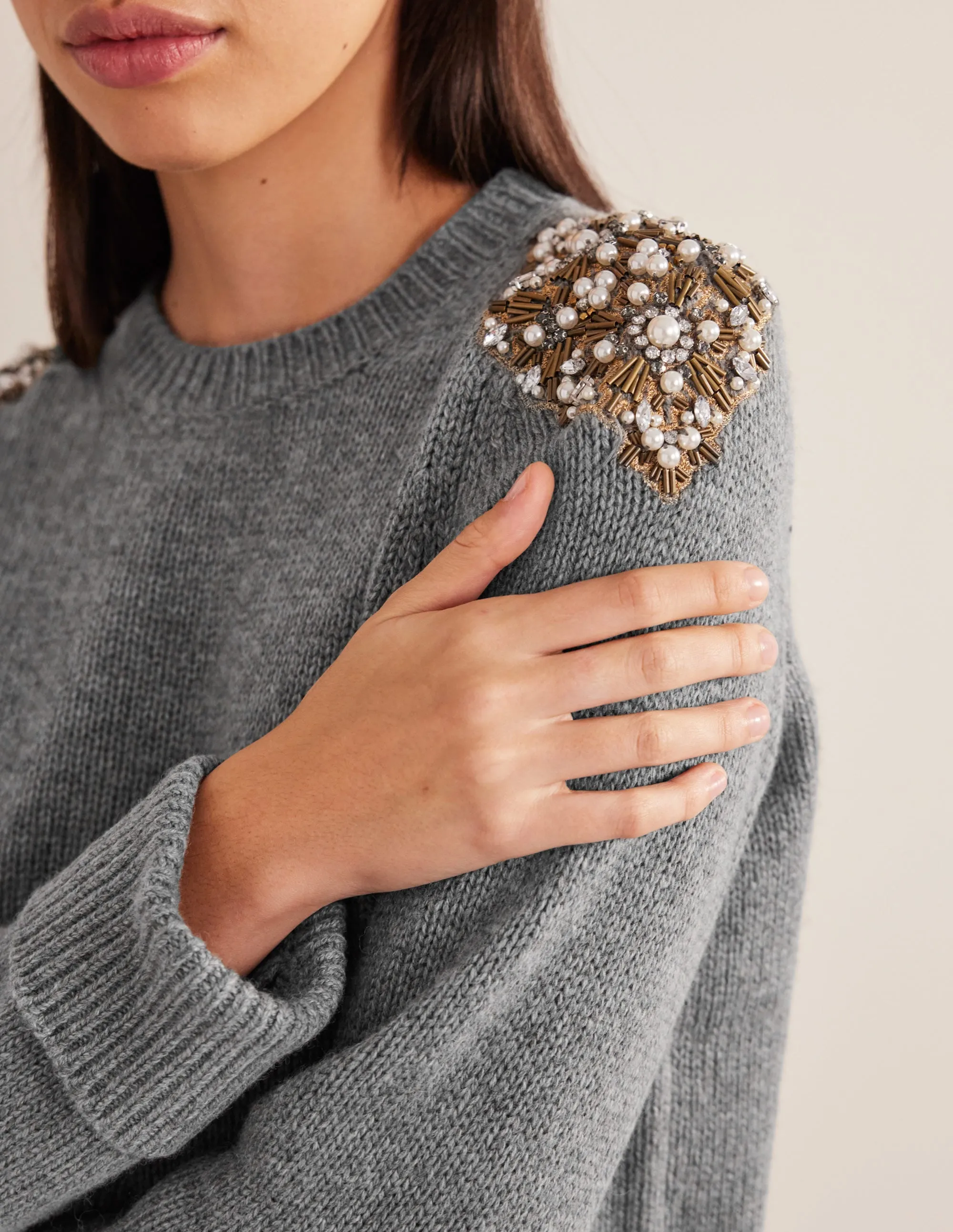 Embellished Jumper-Grey Melange Embellishment