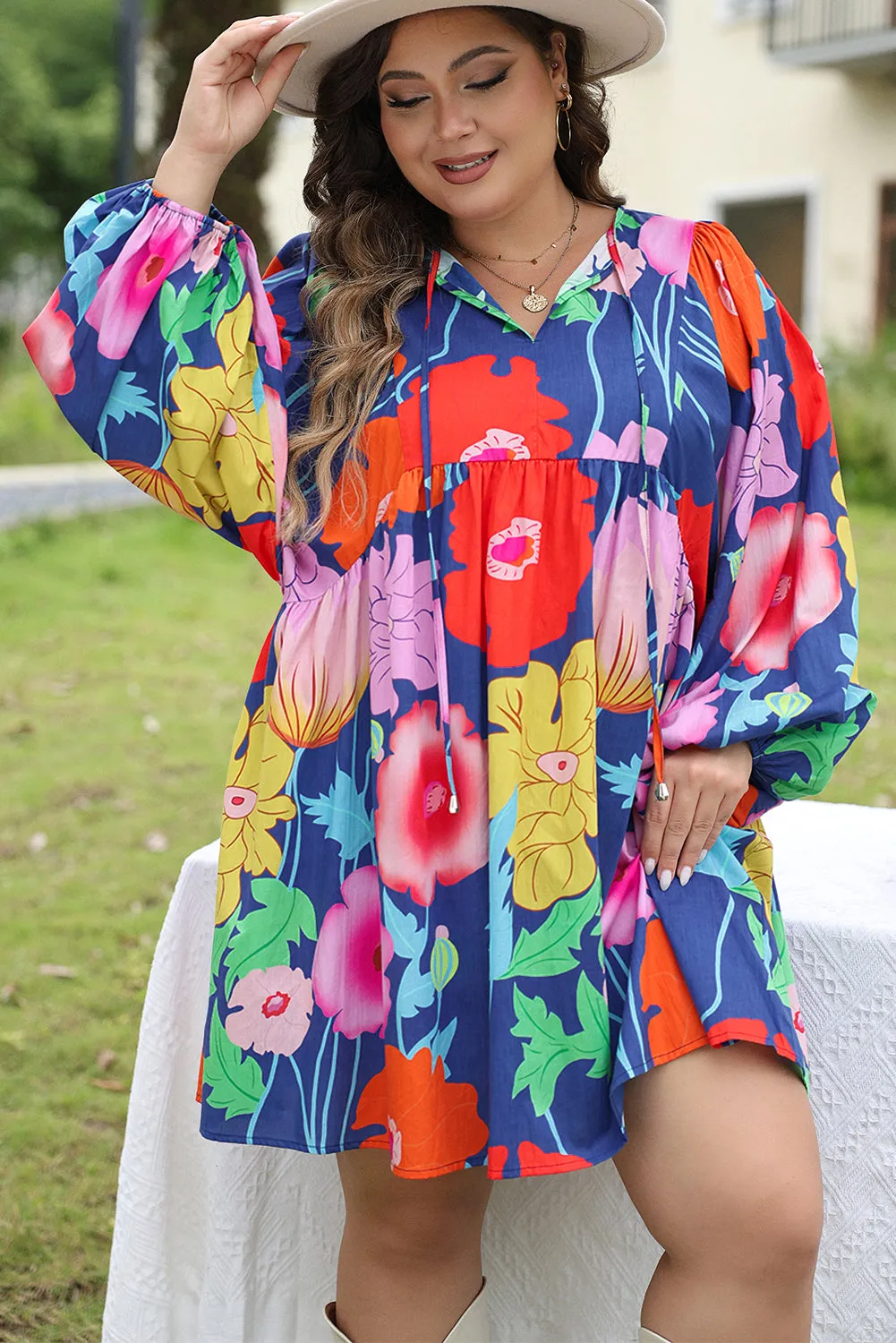 Floral Print Split Neck Babydoll Dress