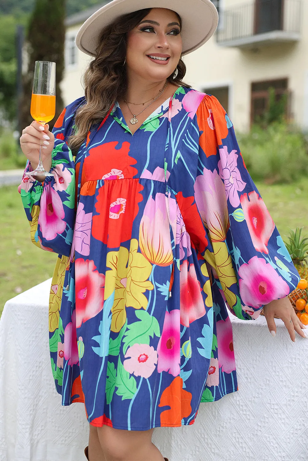 Floral Print Split Neck Babydoll Dress