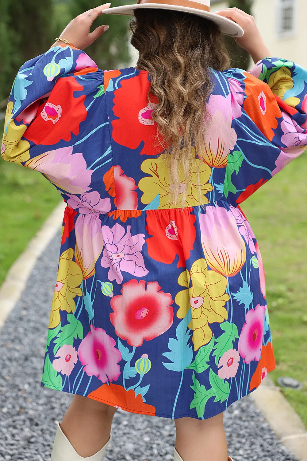 Floral Print Split Neck Babydoll Dress