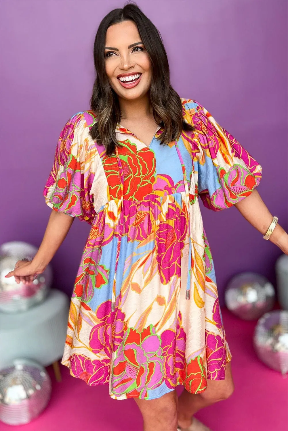 Floral Print Split Neck Babydoll Dress