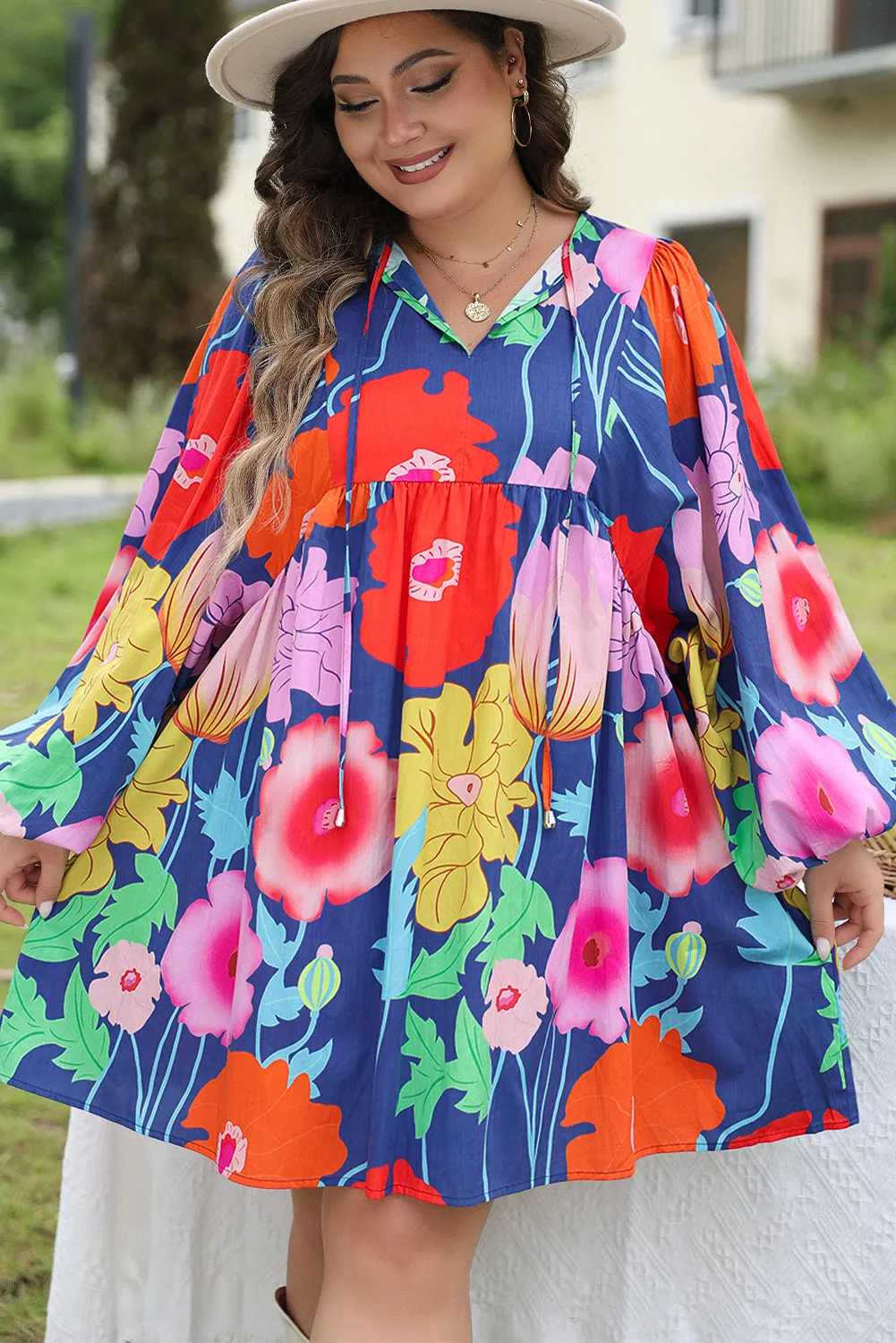 Floral Print Split Neck Babydoll Dress