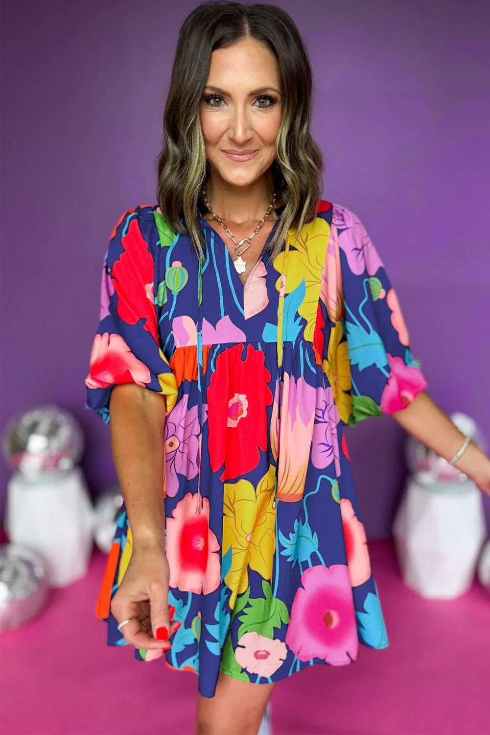 Floral Print Split Neck Babydoll Dress