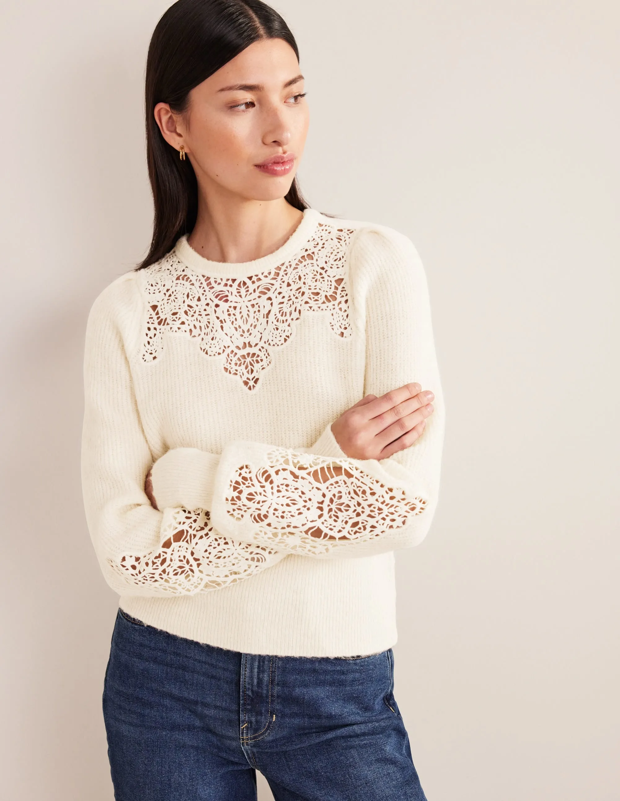 Lace Panel Fluffy Jumper-Ivory