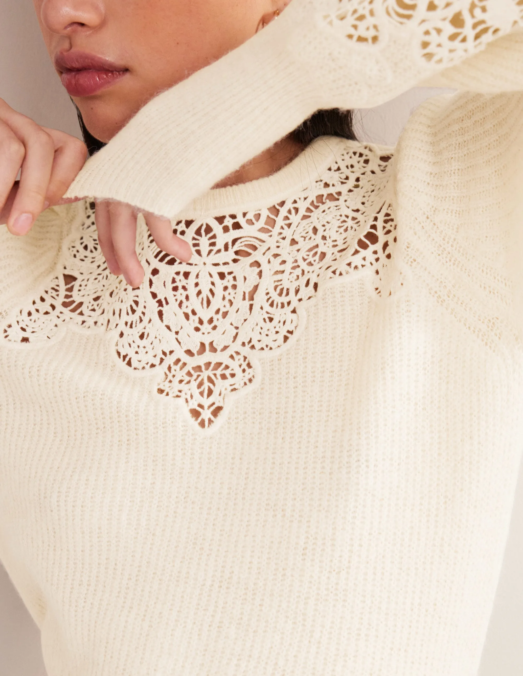 Lace Panel Fluffy Jumper-Ivory