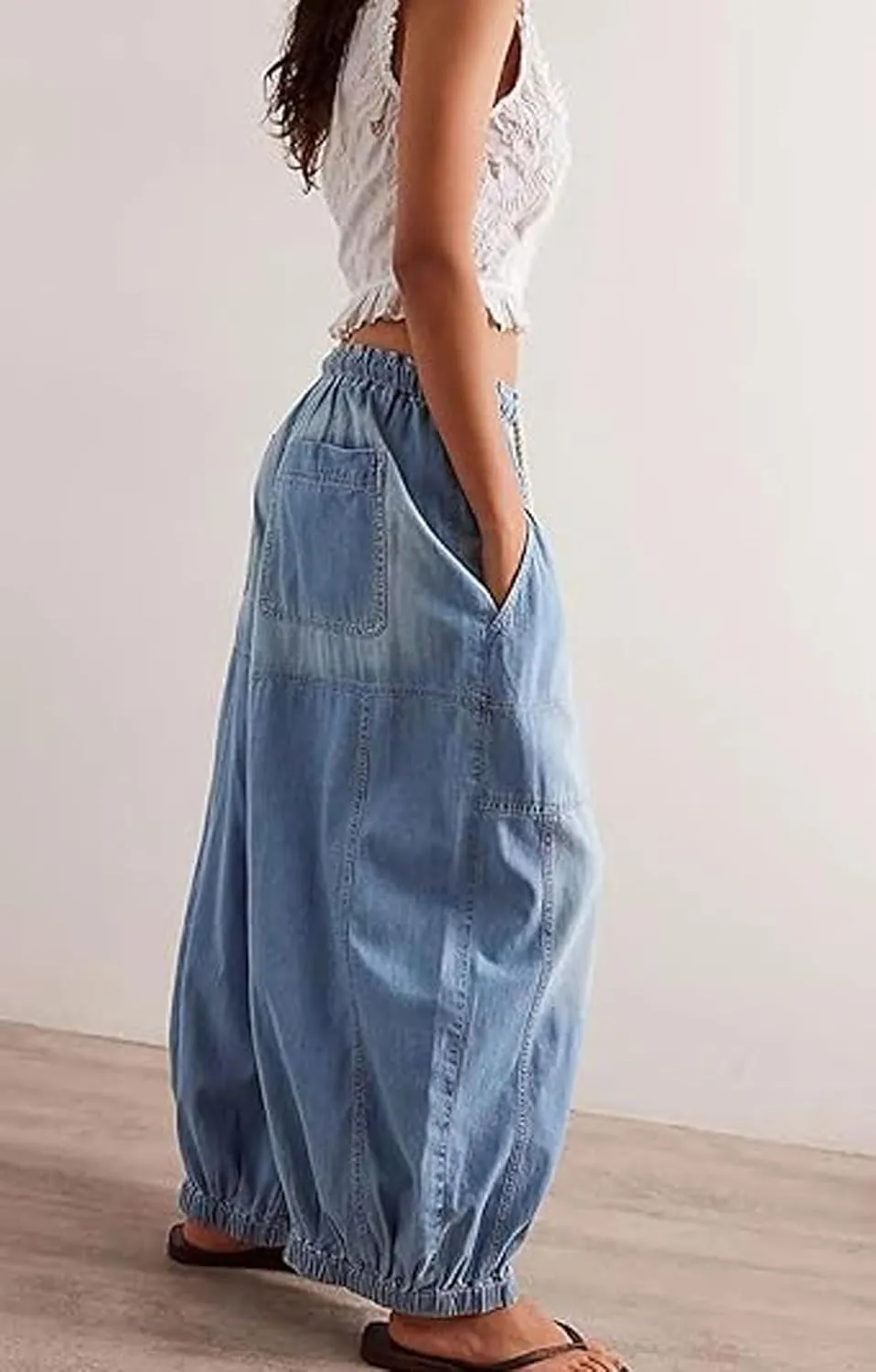 loveimgs Women Baggy Jeans Elastic Waist Cargo Denim Pants Y2k Patchwork Wide Leg Barrel Jeans Drawstring Harem Pants