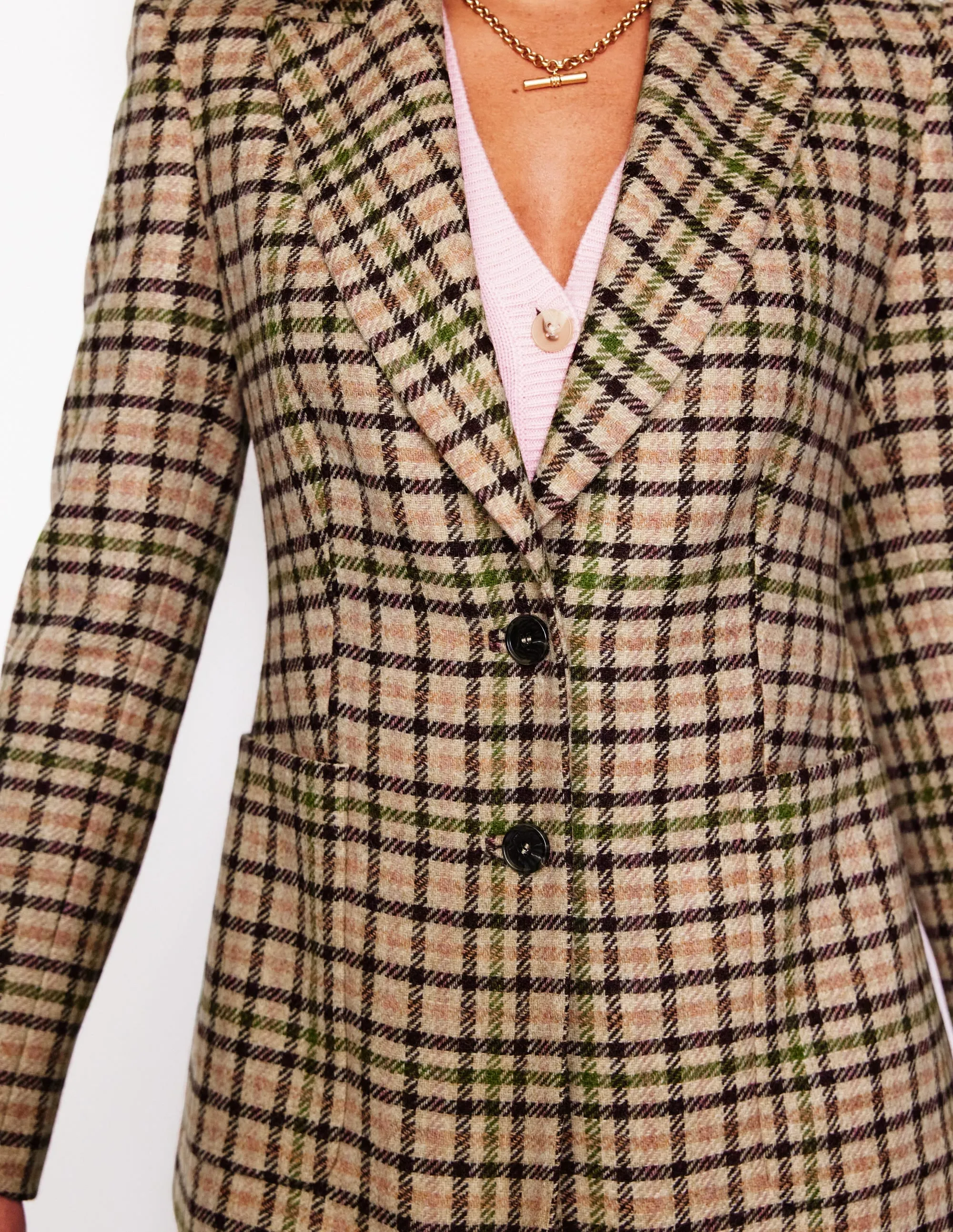 Marylebone Tweed Blazer-Pink, Green Check