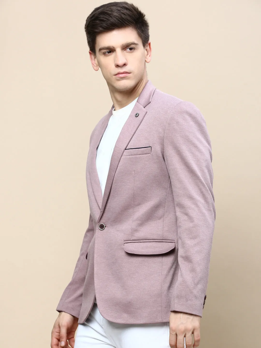 Men Mauve Notched Lapel Slim-Fit Single Breasted Blazer