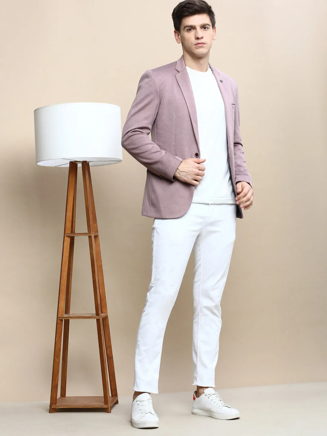 Men Mauve Notched Lapel Slim-Fit Single Breasted Blazer