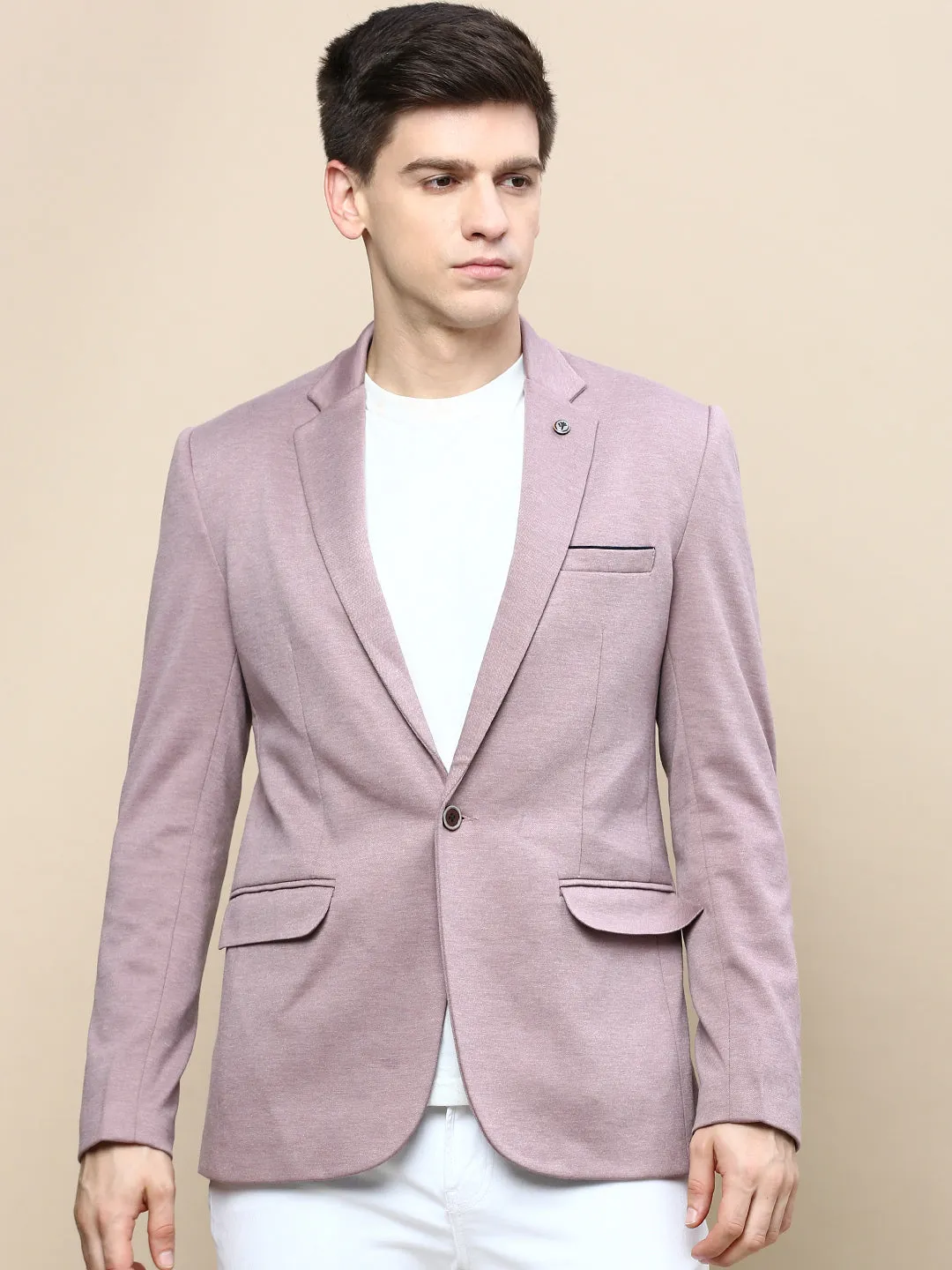 Men Mauve Notched Lapel Slim-Fit Single Breasted Blazer