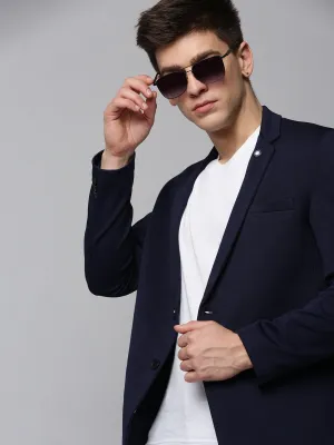 Men Navy Blue Cotton Single-Breasted Casual Blazers