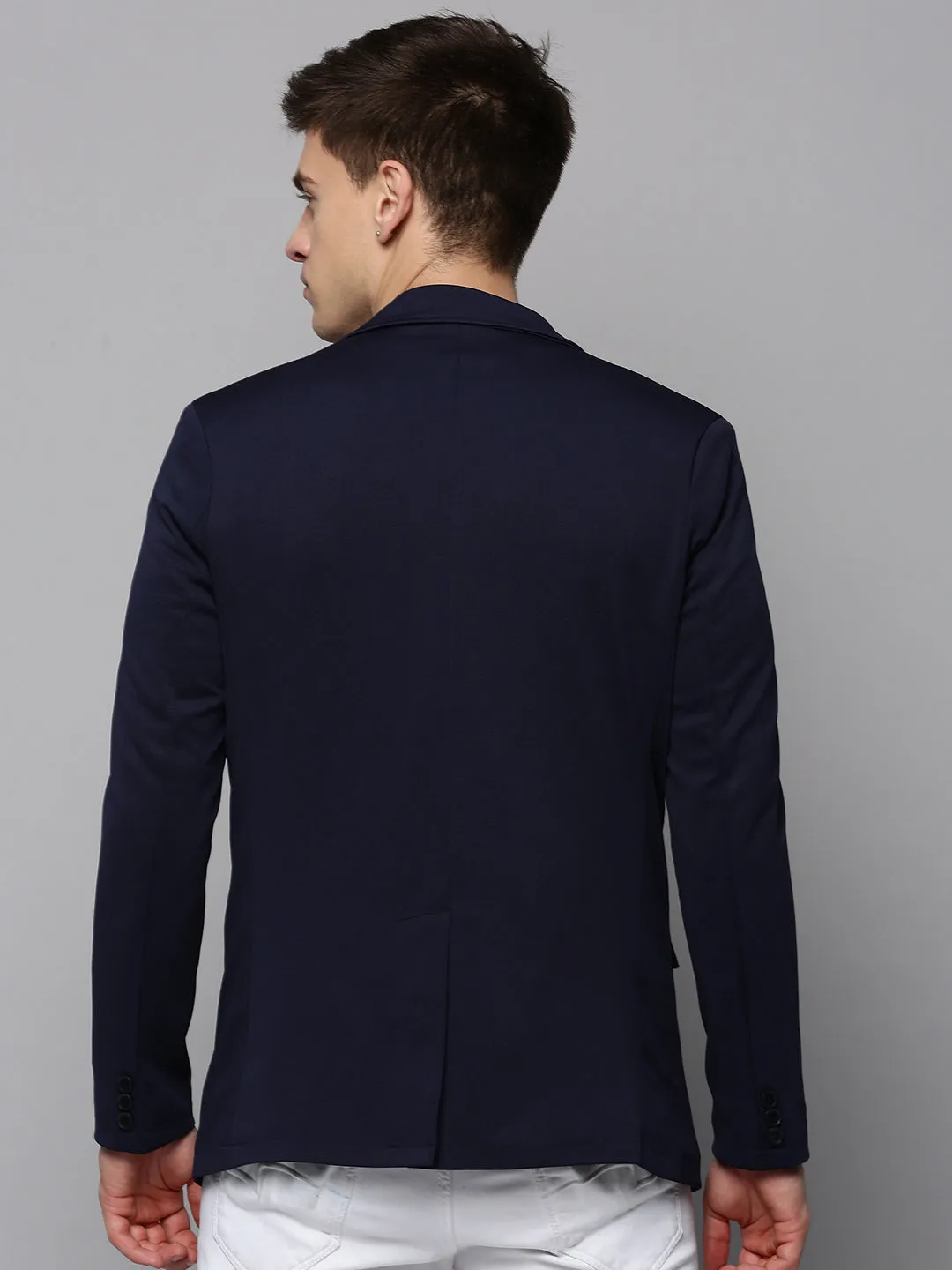Men Navy Blue Cotton Single-Breasted Casual Blazers