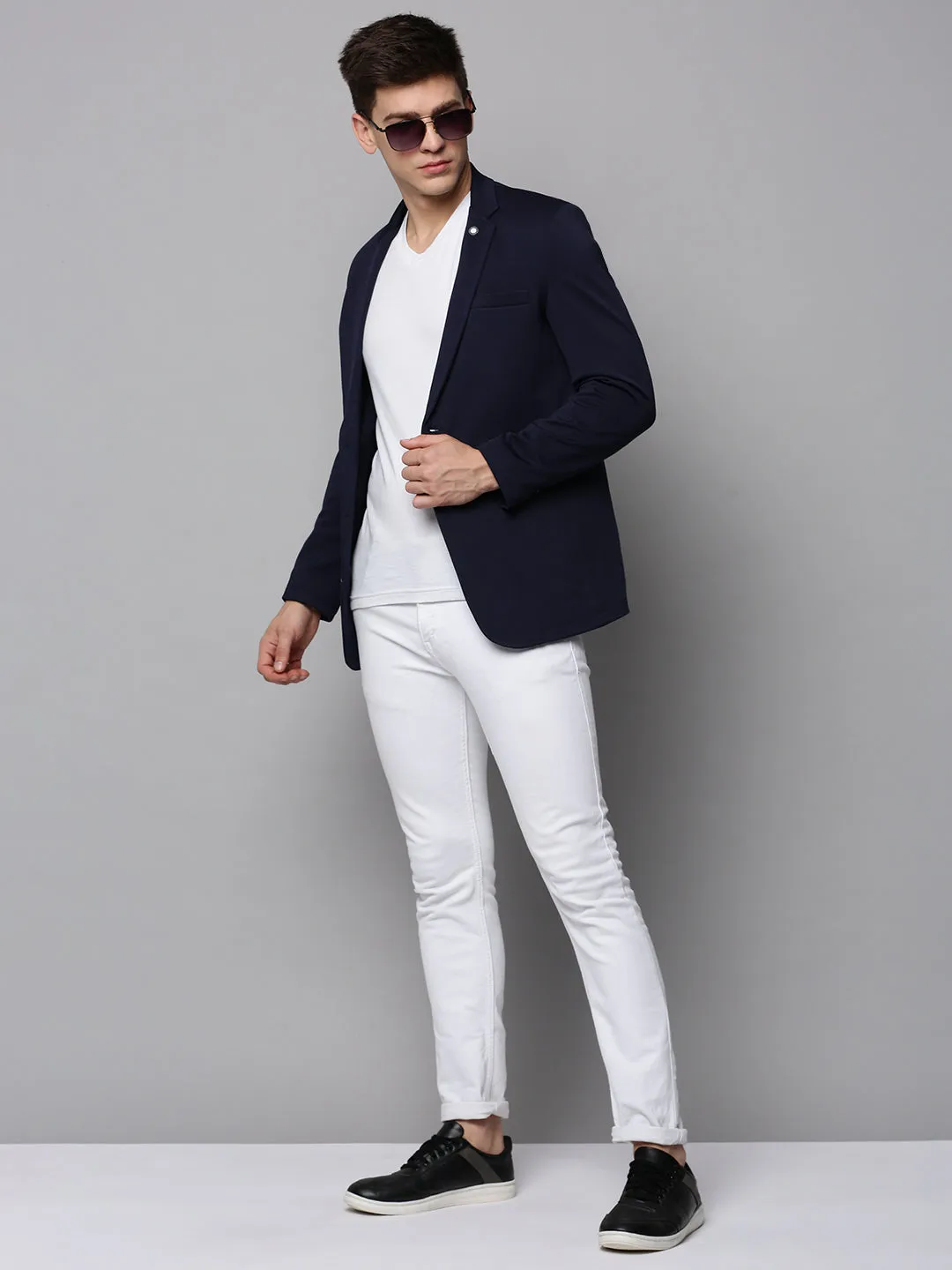 Men Navy Blue Cotton Single-Breasted Casual Blazers