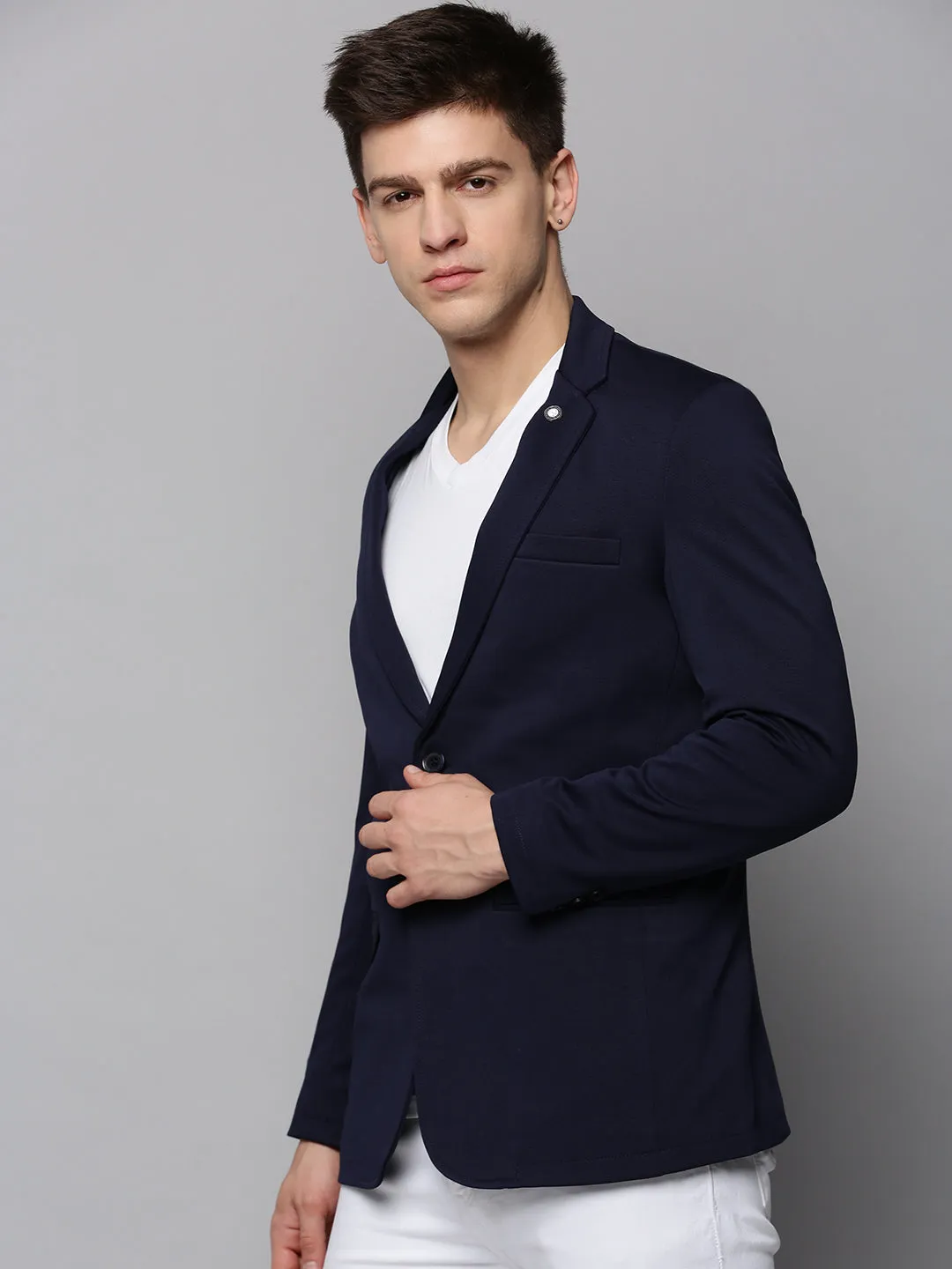 Men Navy Blue Cotton Single-Breasted Casual Blazers
