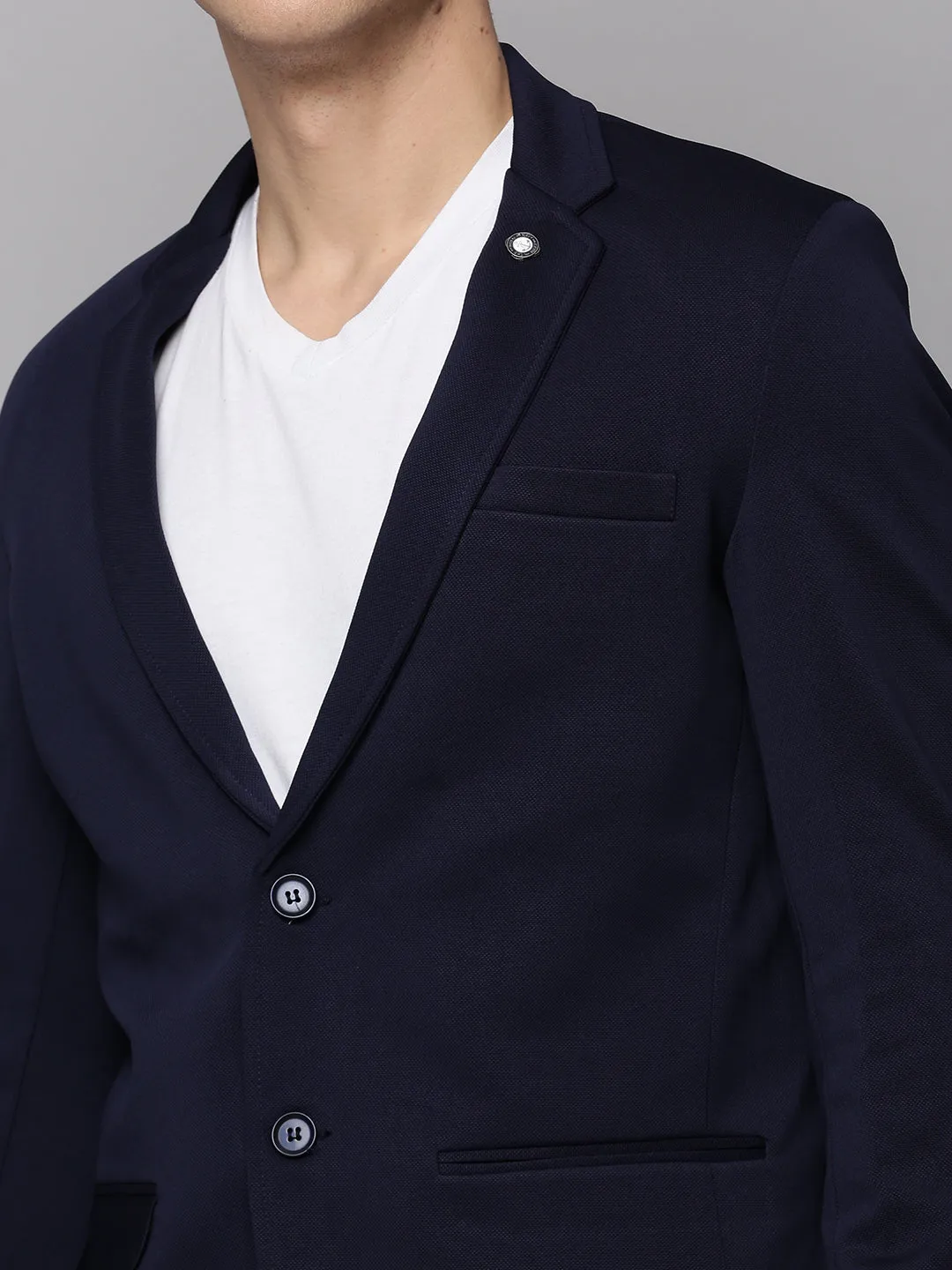 Men Navy Blue Cotton Single-Breasted Casual Blazers