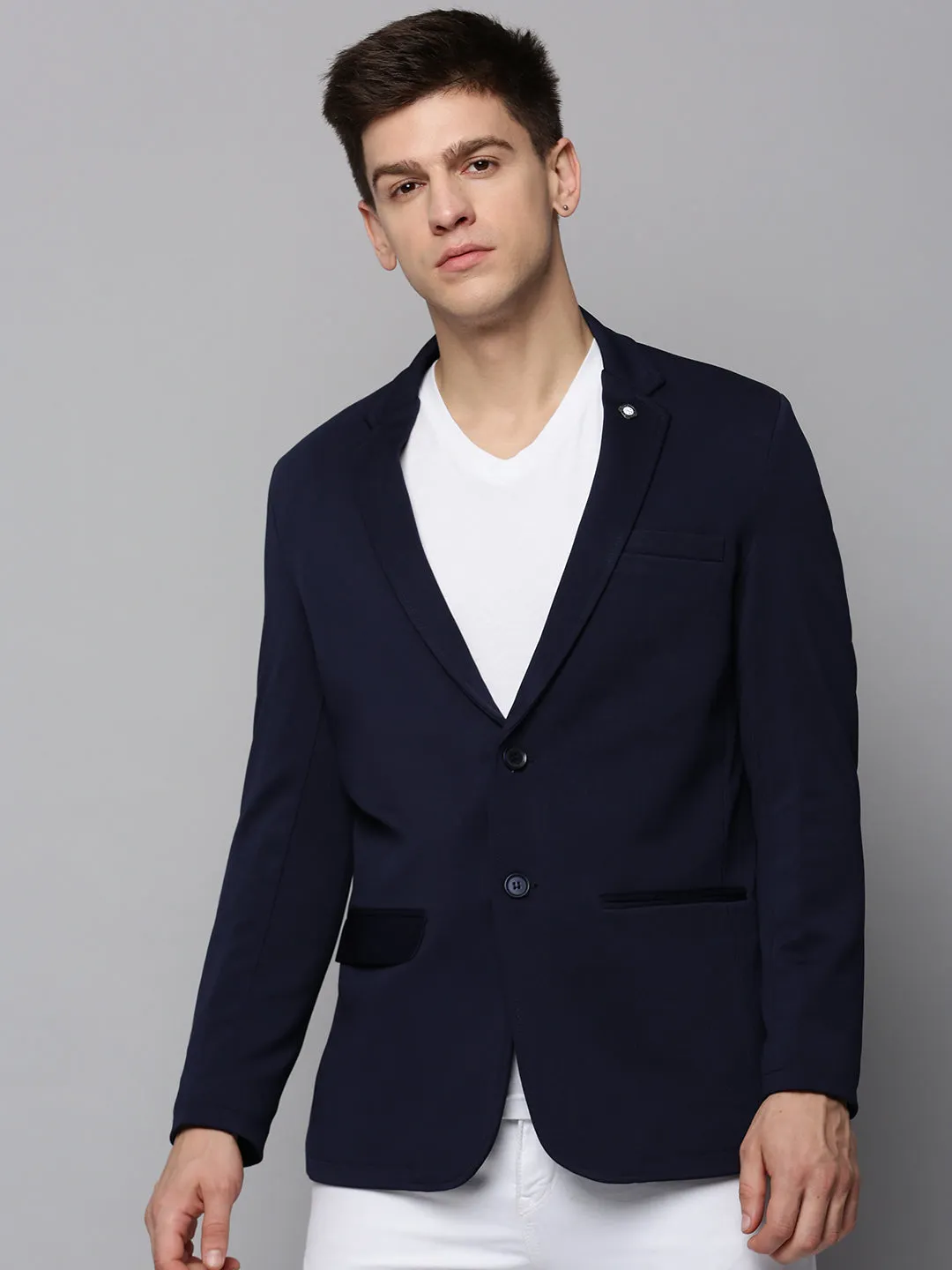 Men Navy Blue Cotton Single-Breasted Casual Blazers
