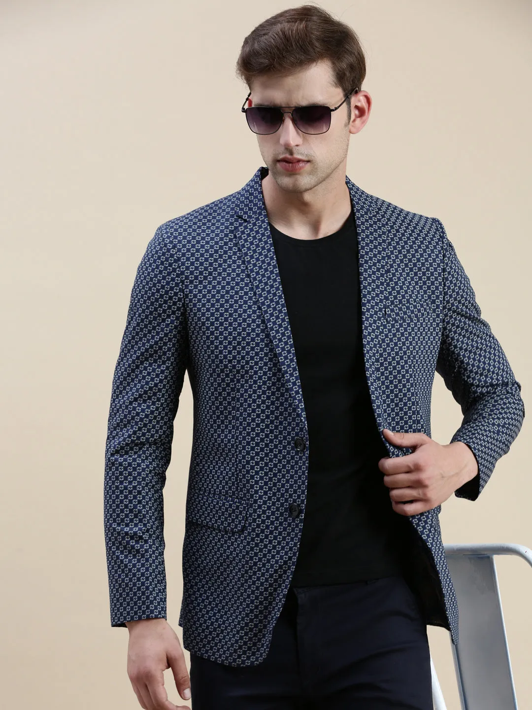 Men Navy Blue Printed Slim-Fit Single-Breasted Blazers