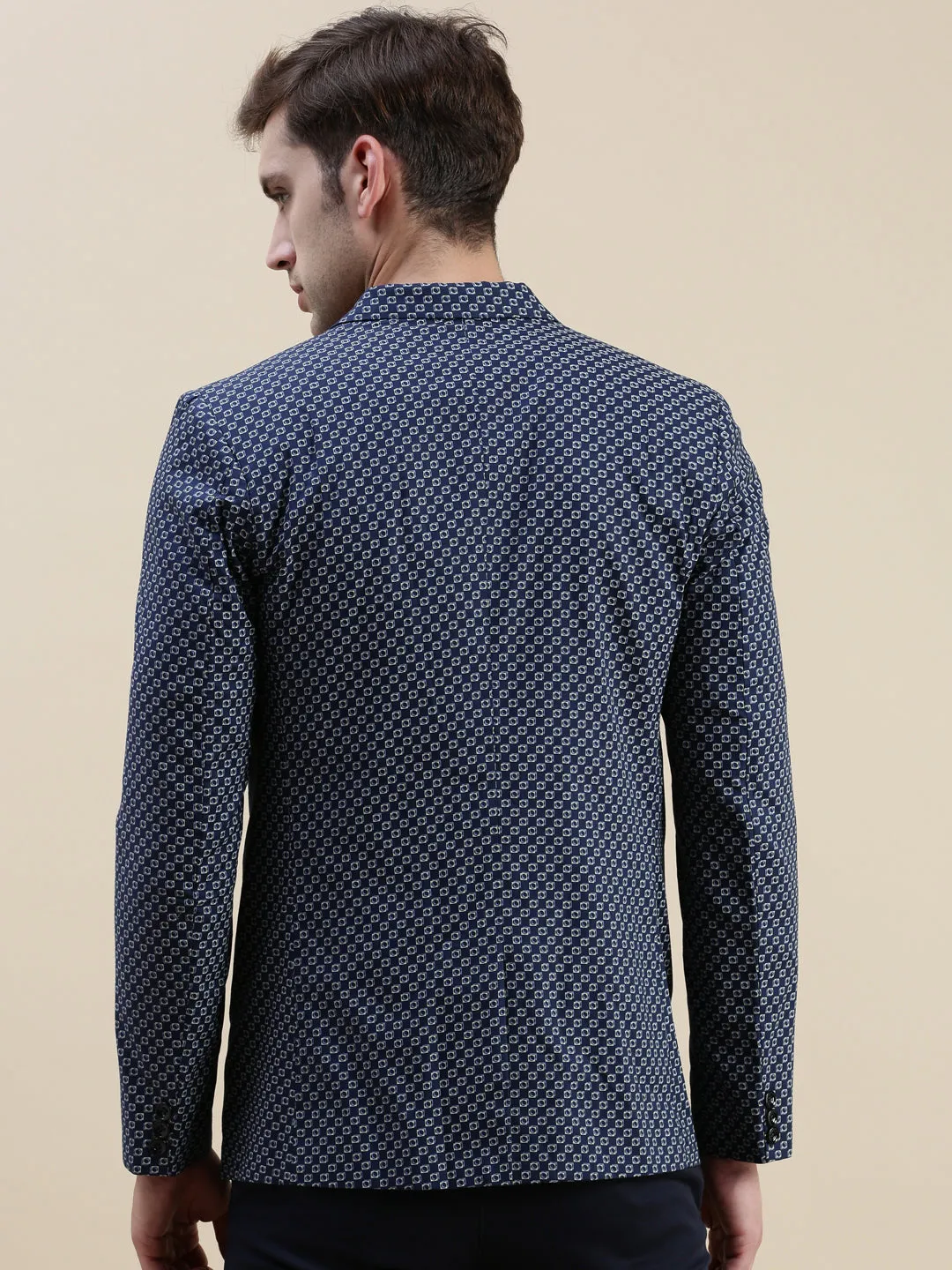 Men Navy Blue Printed Slim-Fit Single-Breasted Blazers