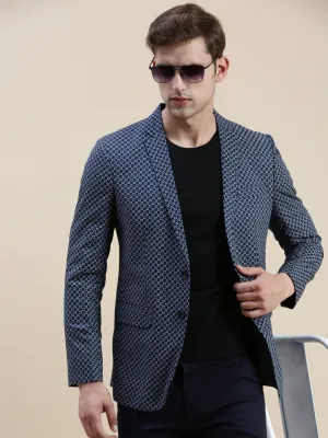 Men Navy Blue Printed Slim-Fit Single-Breasted Blazers