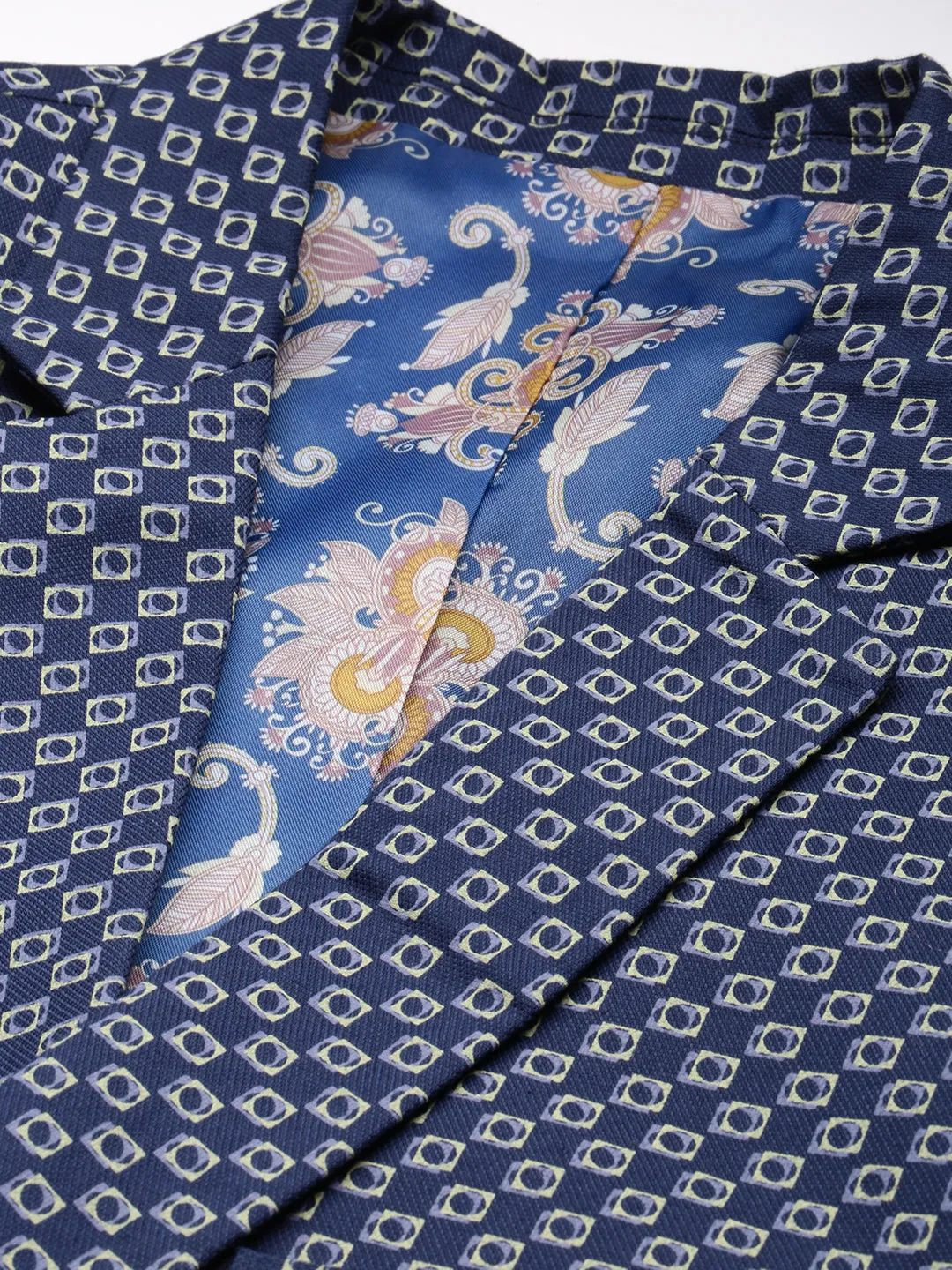 Men Navy Blue Printed Slim-Fit Single-Breasted Blazers
