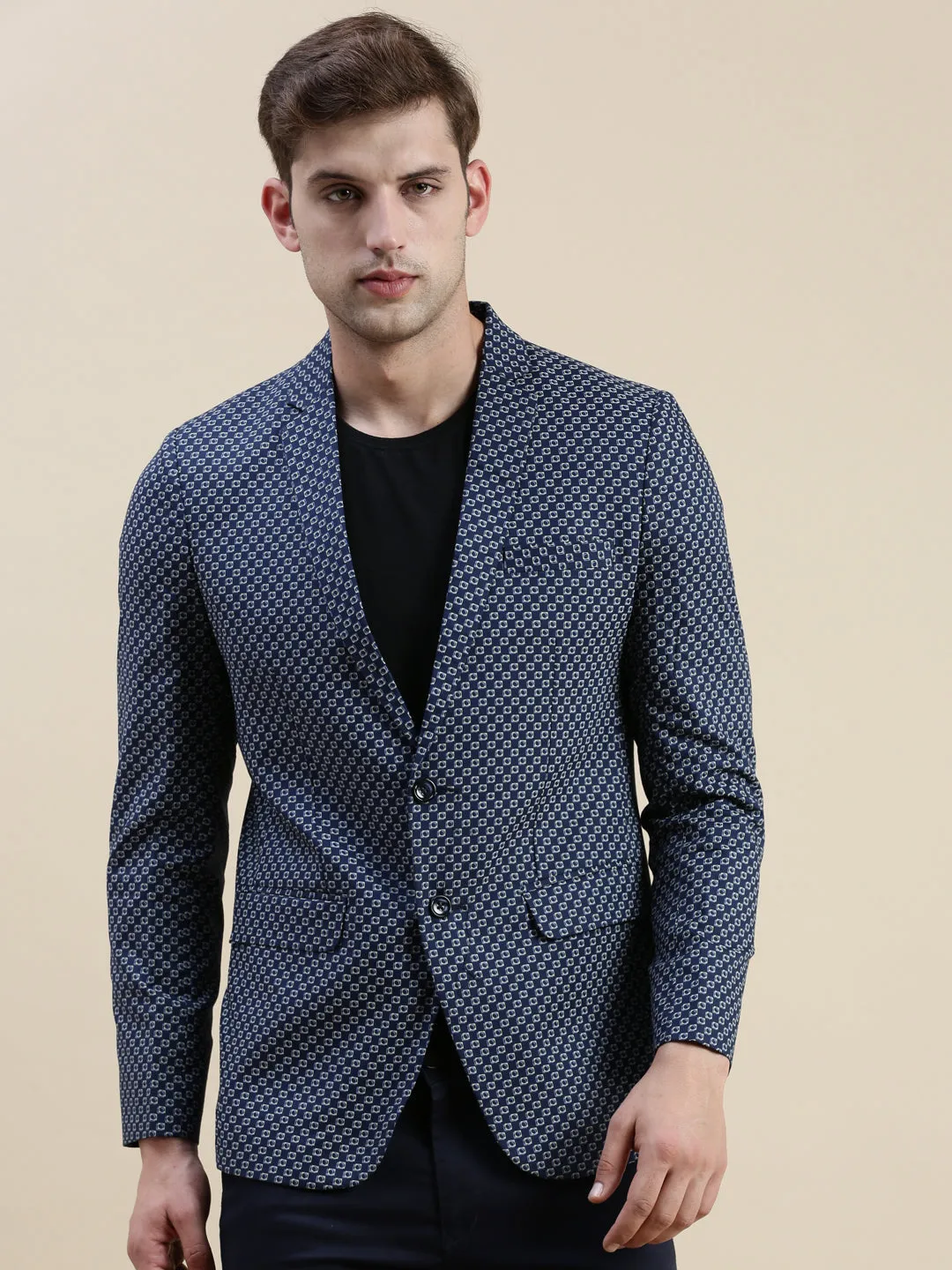 Men Navy Blue Printed Slim-Fit Single-Breasted Blazers