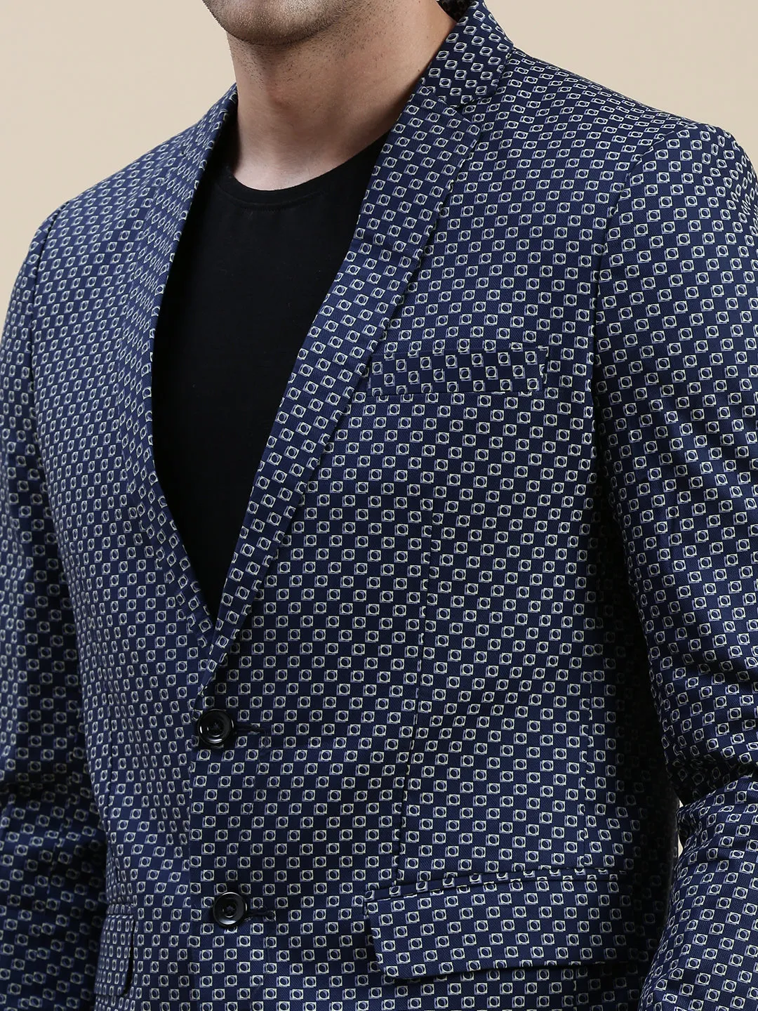 Men Navy Blue Printed Slim-Fit Single-Breasted Blazers