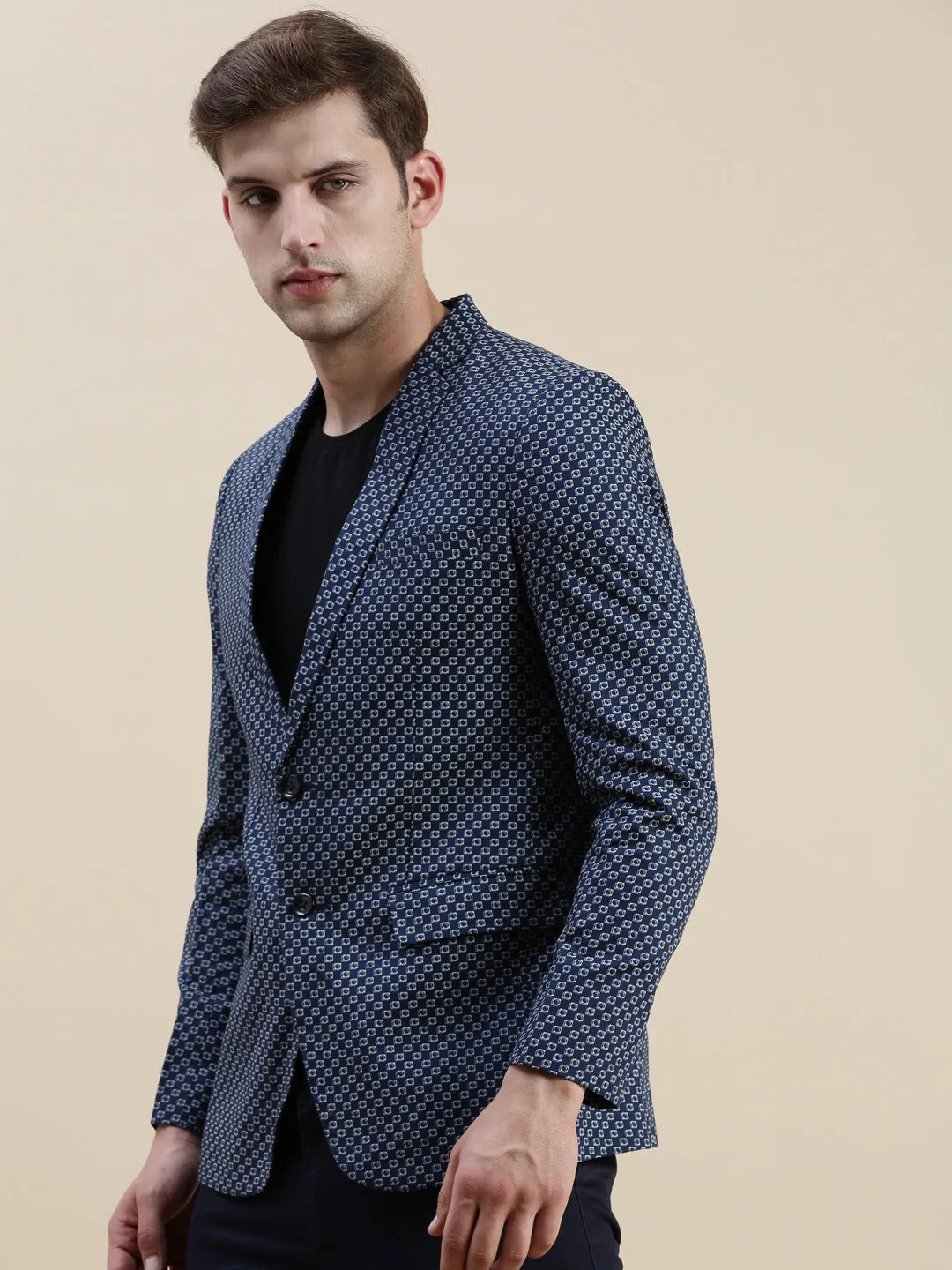 Men Navy Blue Printed Slim-Fit Single-Breasted Blazers