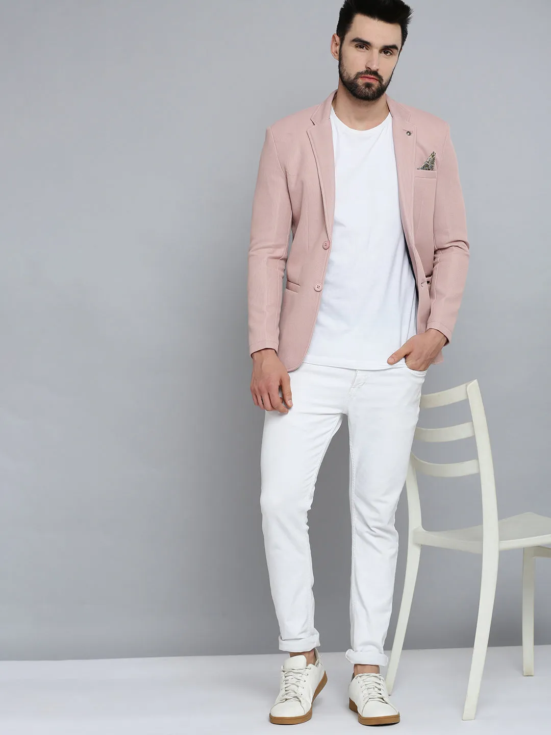 Men Pink Solid Single-Breasted Blazers