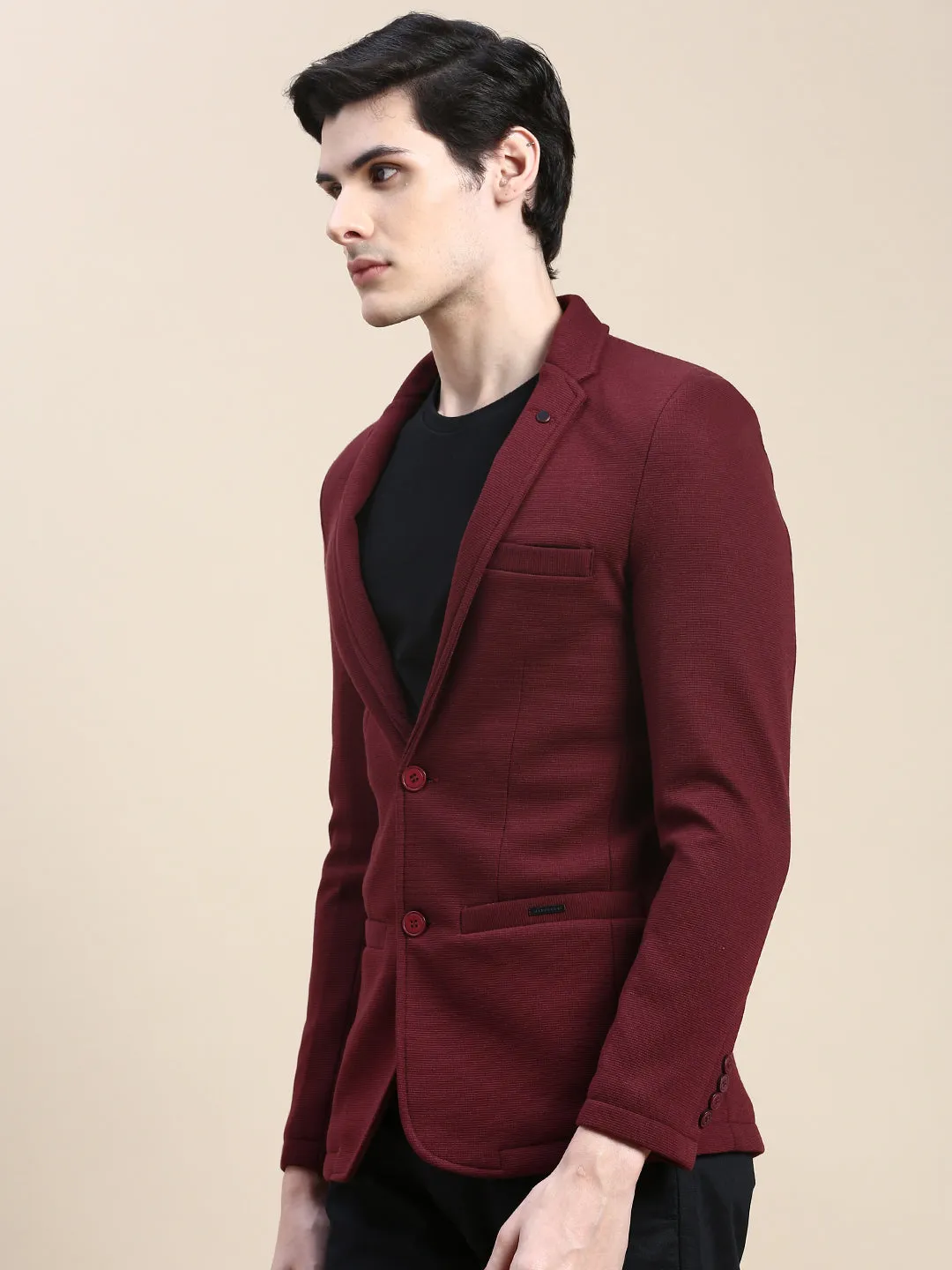 Men Red Notched Lapel Collar Slim-Fit Single Cotton Breasted Blazer