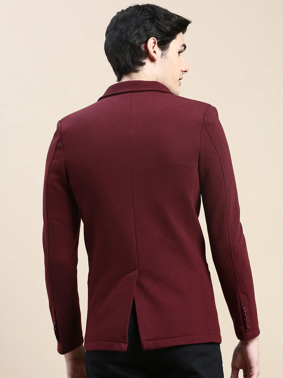Men Red Notched Lapel Collar Slim-Fit Single Cotton Breasted Blazer