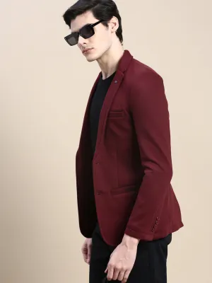 Men Red Notched Lapel Collar Slim-Fit Single Cotton Breasted Blazer