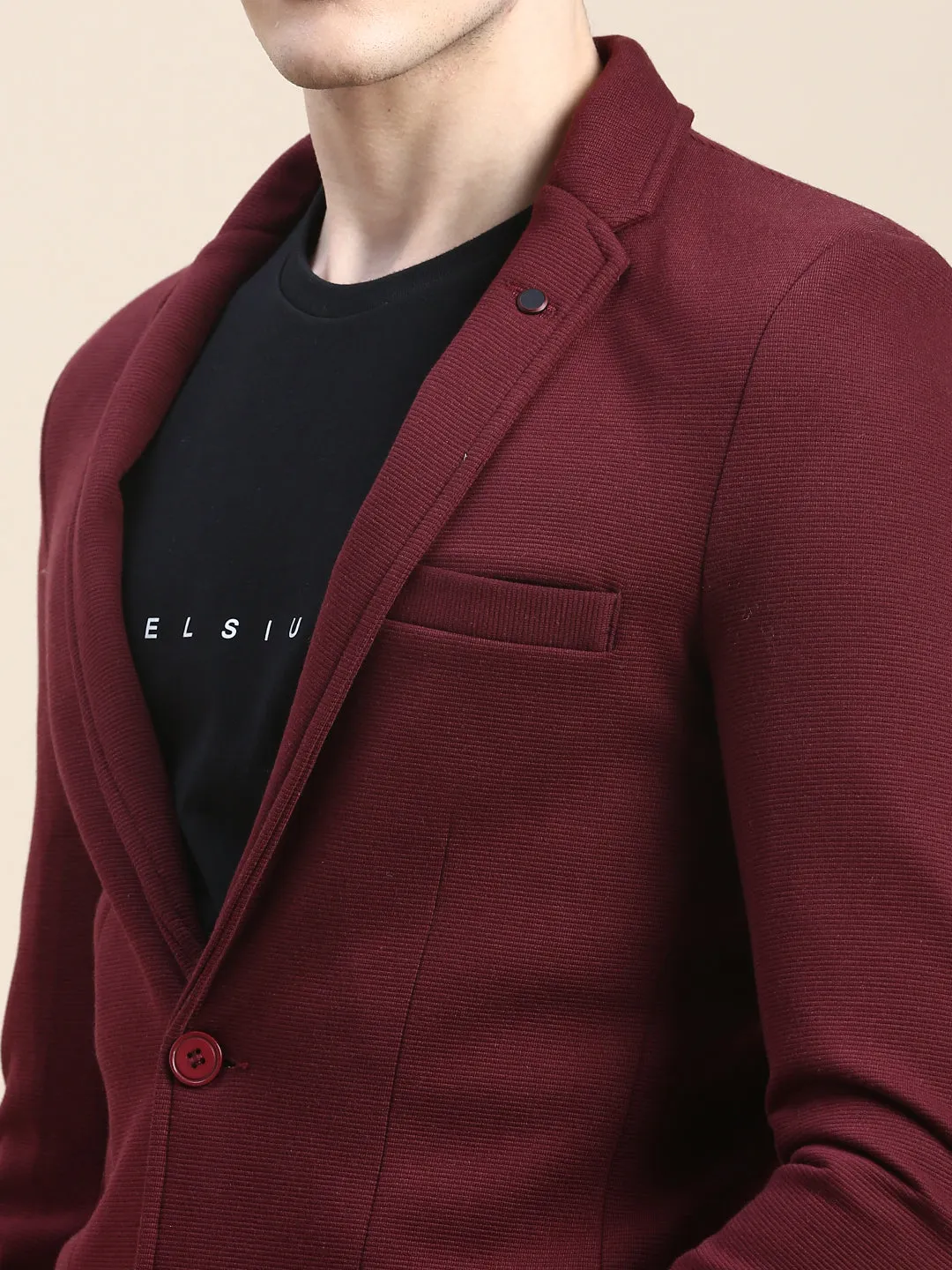 Men Red Notched Lapel Collar Slim-Fit Single Cotton Breasted Blazer