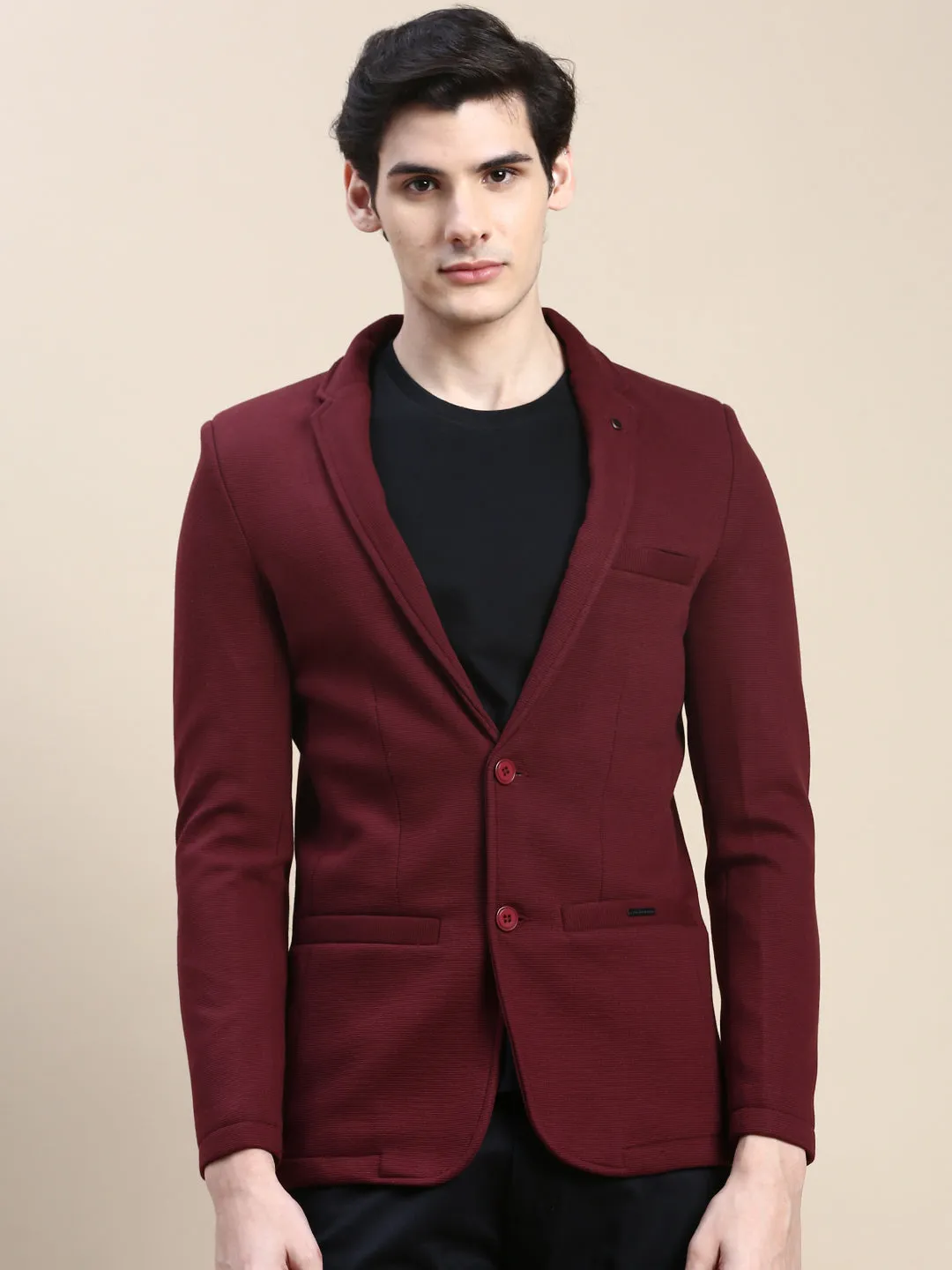 Men Red Notched Lapel Collar Slim-Fit Single Cotton Breasted Blazer