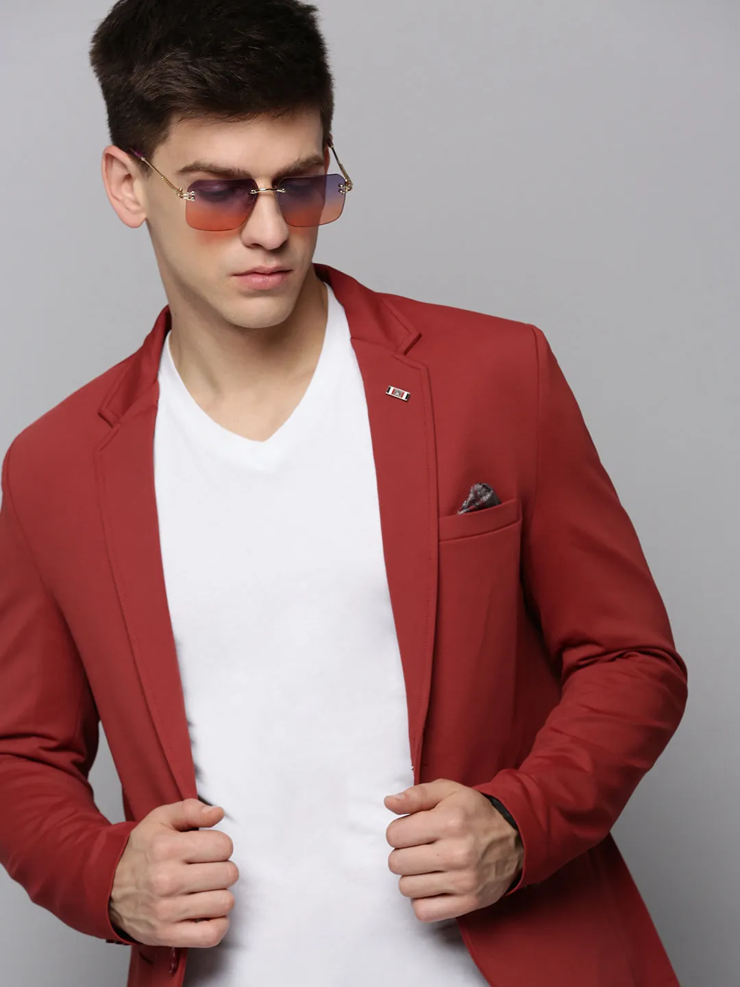 Men Rust Single-Breasted Casual Blazers