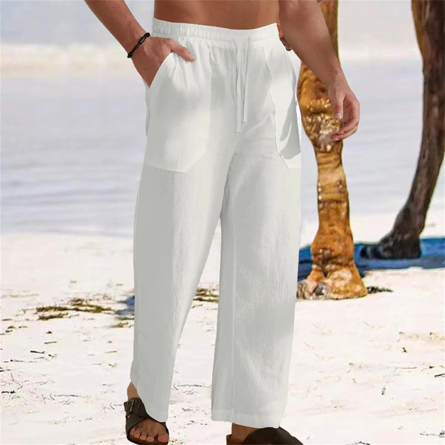 Men's Linen Pants Casual Lightweight Elastic Waist Summer Beach Vacation Pants Drawstring Waist Trousers Plain Slacks