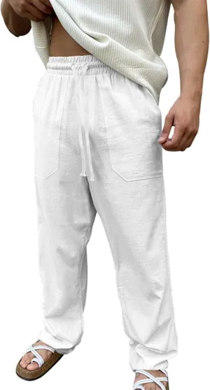 Men's Linen Pants Casual Lightweight Elastic Waist Summer Beach Vacation Pants Drawstring Waist Trousers Plain Slacks