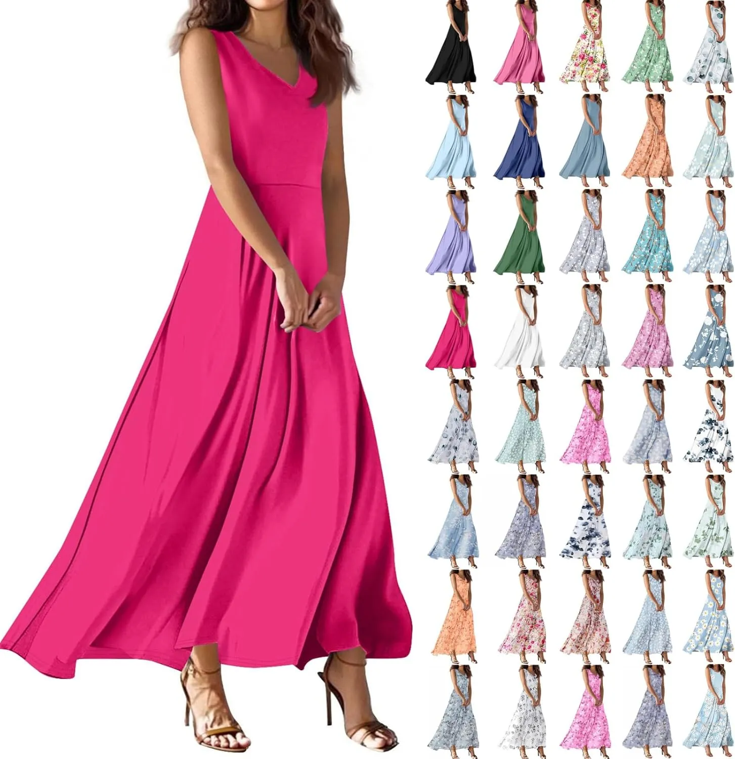 NBXNZWF Summer Dresses for Women 2025 Sleeveless Floral Print V Neck Sundresses Swing Flowy Beach Wedding Guest Maxi Dresses