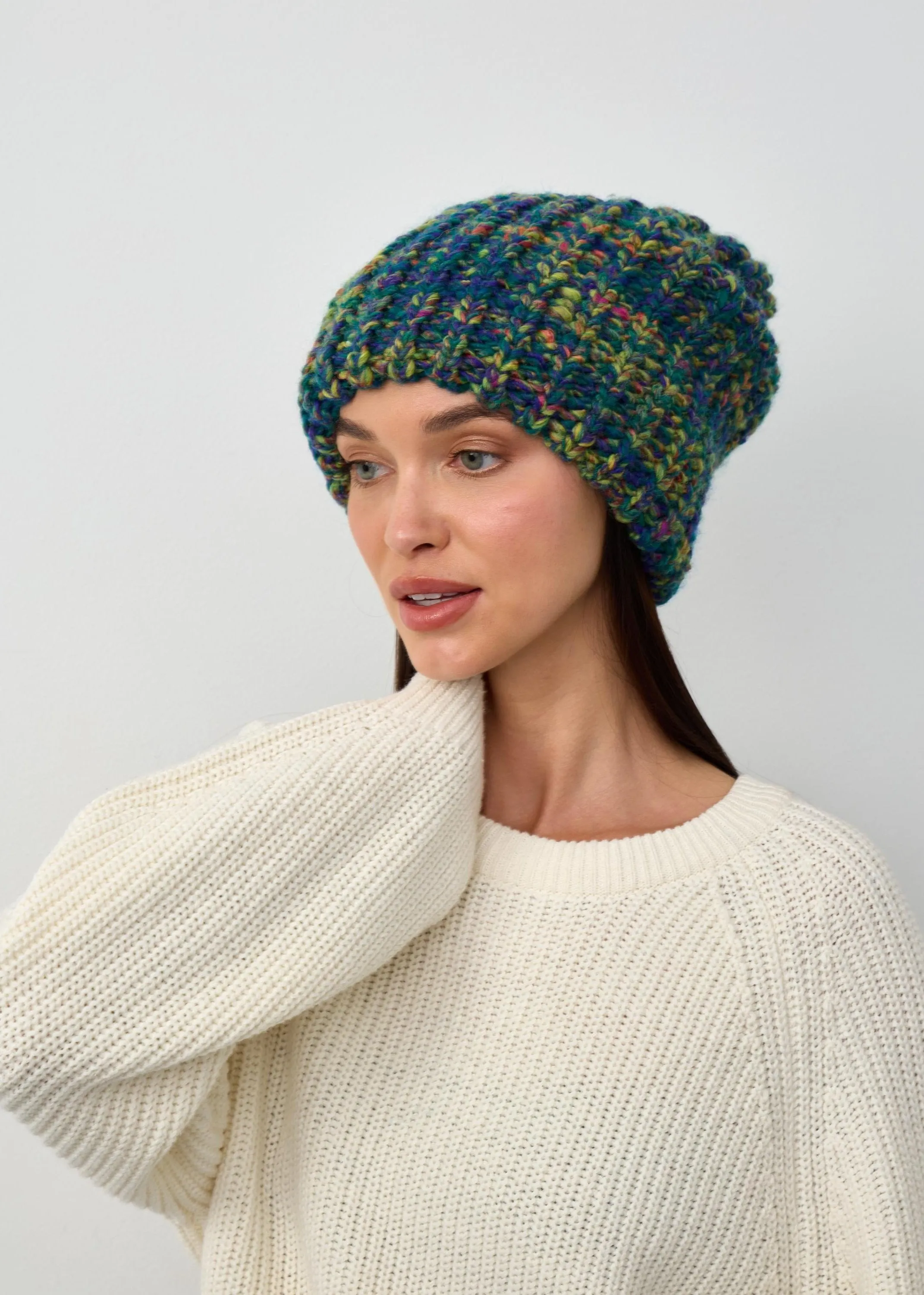Oversized Double-Layer Wool Hat in Lilac & Yellow & Blue