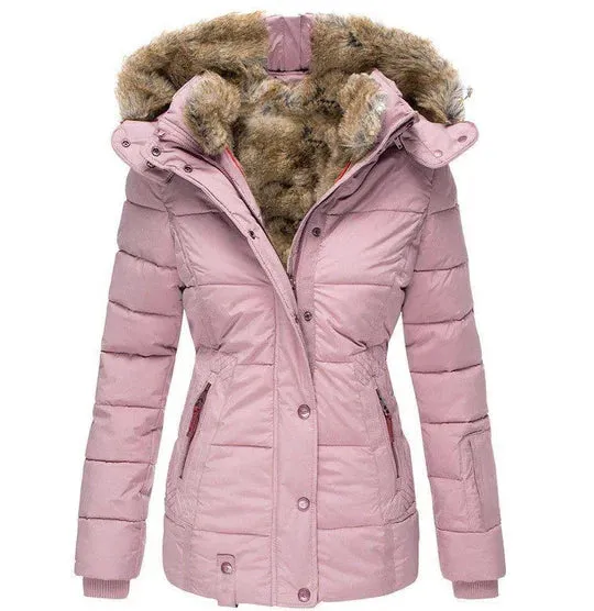 Padded Winter Coat - Ladies Insulated Jacket With Faux Fur Hood