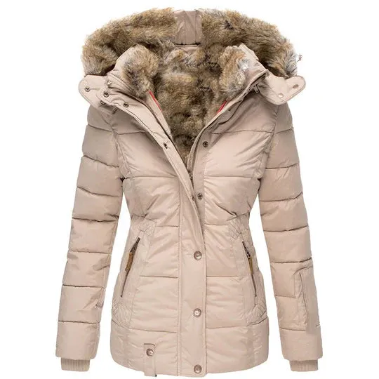 Padded Winter Coat - Ladies Insulated Jacket With Faux Fur Hood