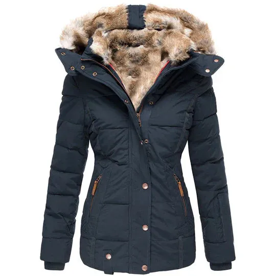 Padded Winter Coat - Ladies Insulated Jacket With Faux Fur Hood