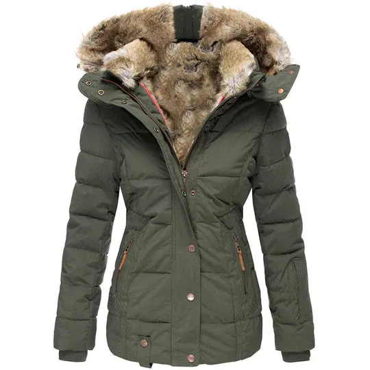 Padded Winter Coat - Ladies Insulated Jacket With Faux Fur Hood