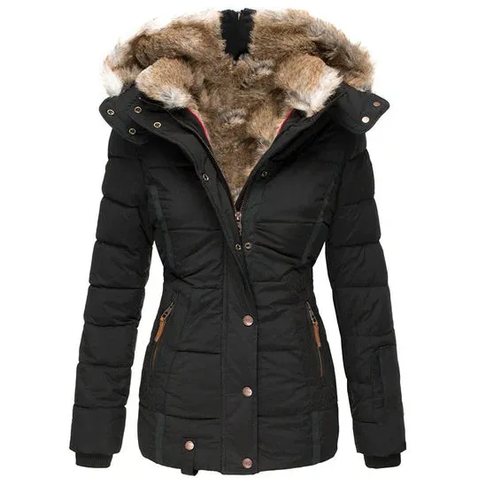 Padded Winter Coat - Ladies Insulated Jacket With Faux Fur Hood