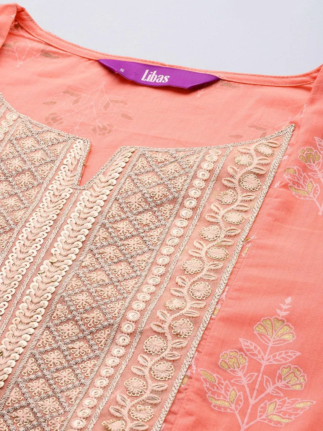 Peach Yoke Design Cotton A-Line Kurta With Trousers & Dupatta