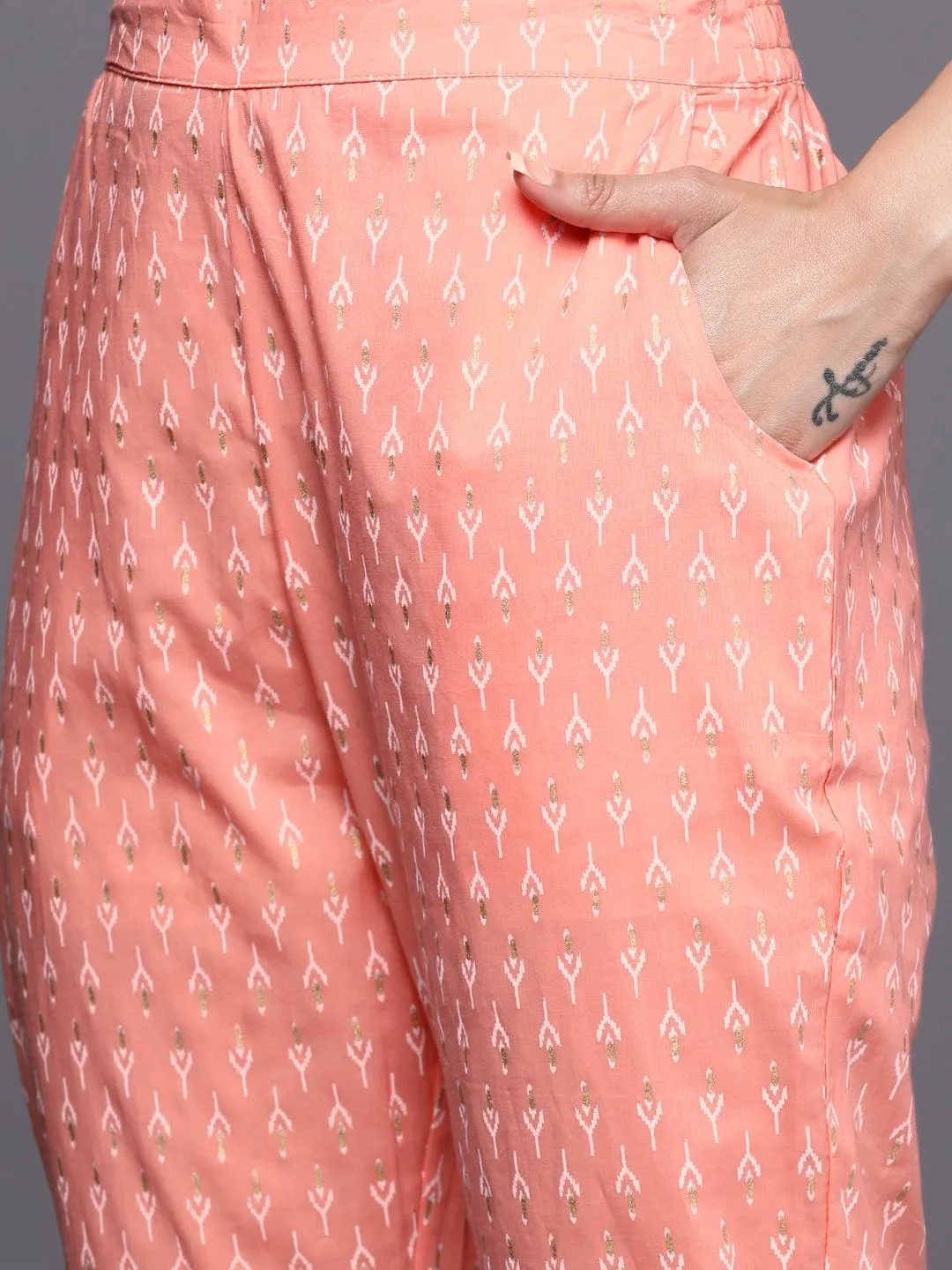Peach Yoke Design Cotton A-Line Kurta With Trousers & Dupatta