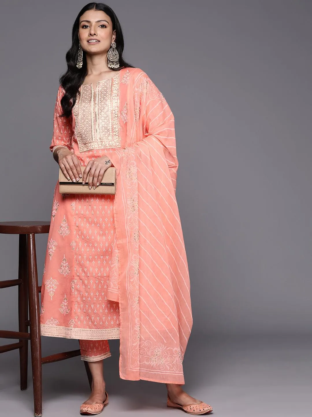 Peach Yoke Design Cotton A-Line Kurta With Trousers & Dupatta