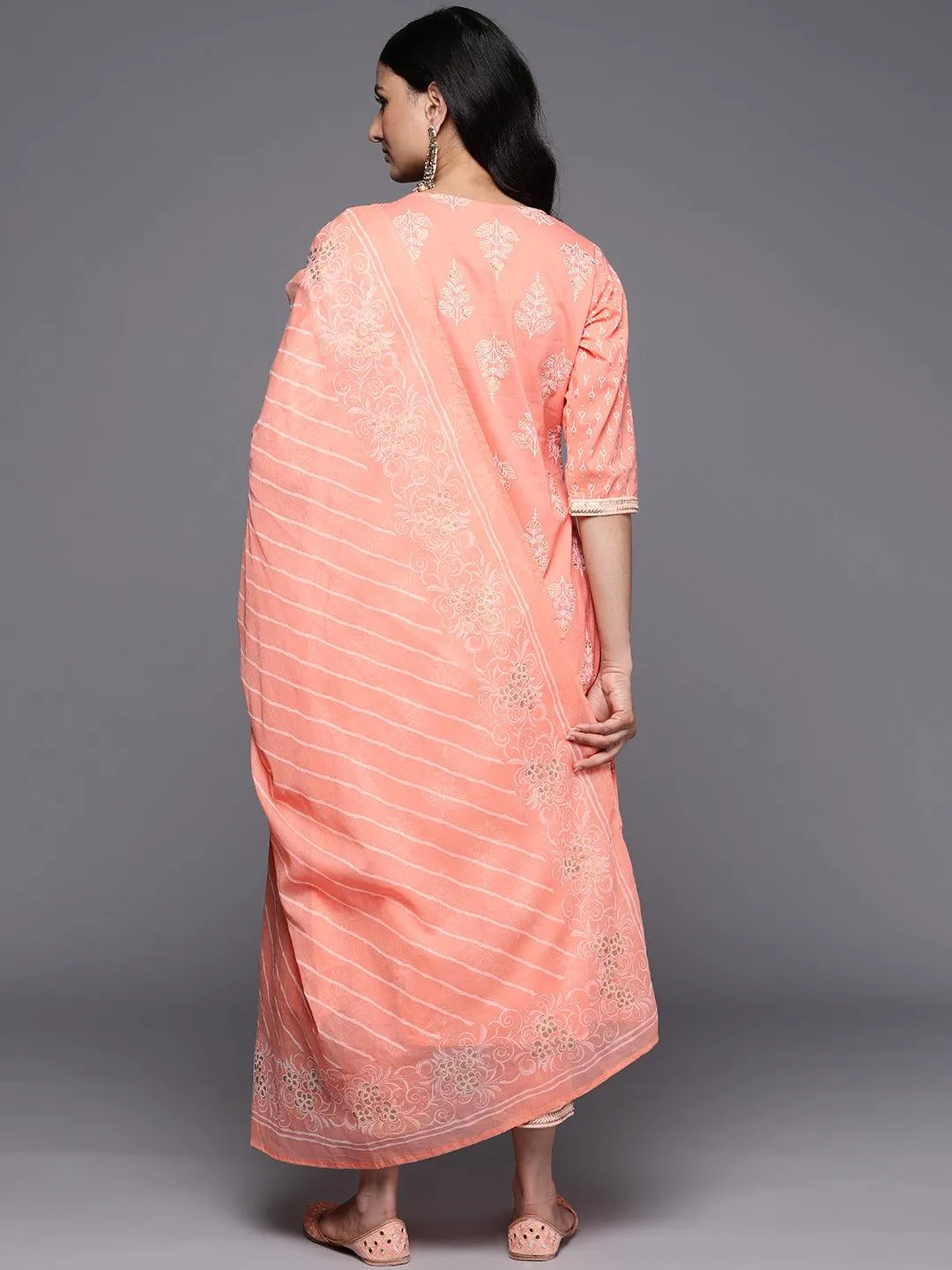 Peach Yoke Design Cotton A-Line Kurta With Trousers & Dupatta