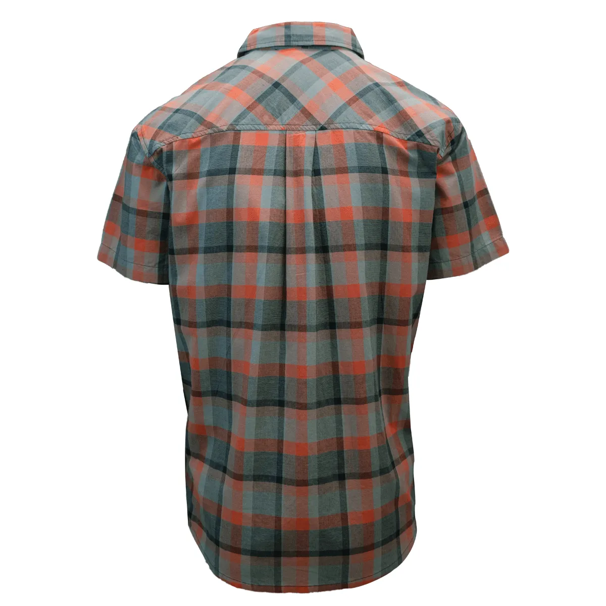 prAna Men's Bright Coral Orange Grey Black Box Plaid Benton S/S Woven Shirt S08
